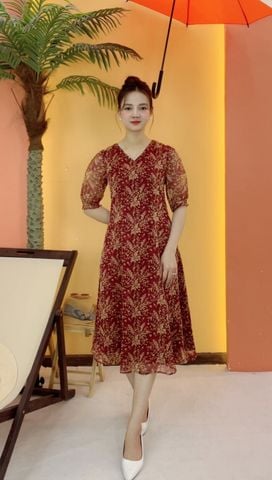 Đầm suông xòe - Cổ tim tay ngắn - CT - Đỏ hoa nhí - TTV2066