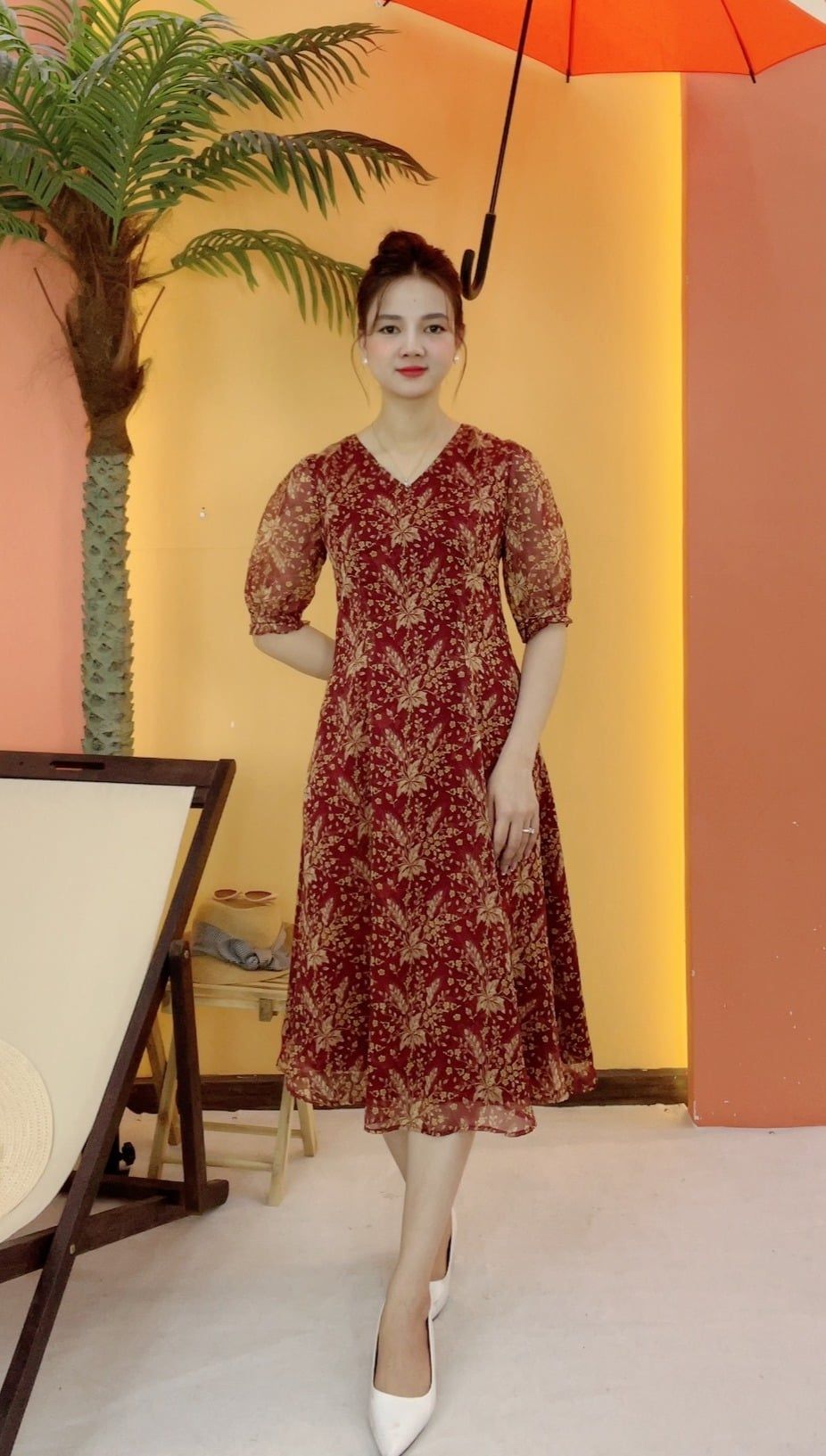 Đầm suông xòe - Cổ tim tay ngắn - CT - Đỏ hoa nhí - TTV2066