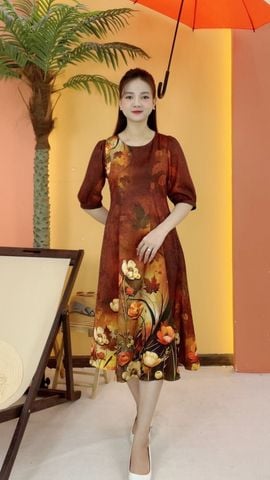 Đầm suông xòe - Cổ tròn tay lỡ - CD - Nâu cam hoa - TTV2063