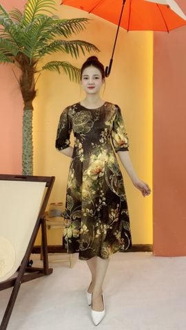 Đầm suông xòe - Cổ tròn tay lỡ - CT - Đen hoa vàng - TTV2067