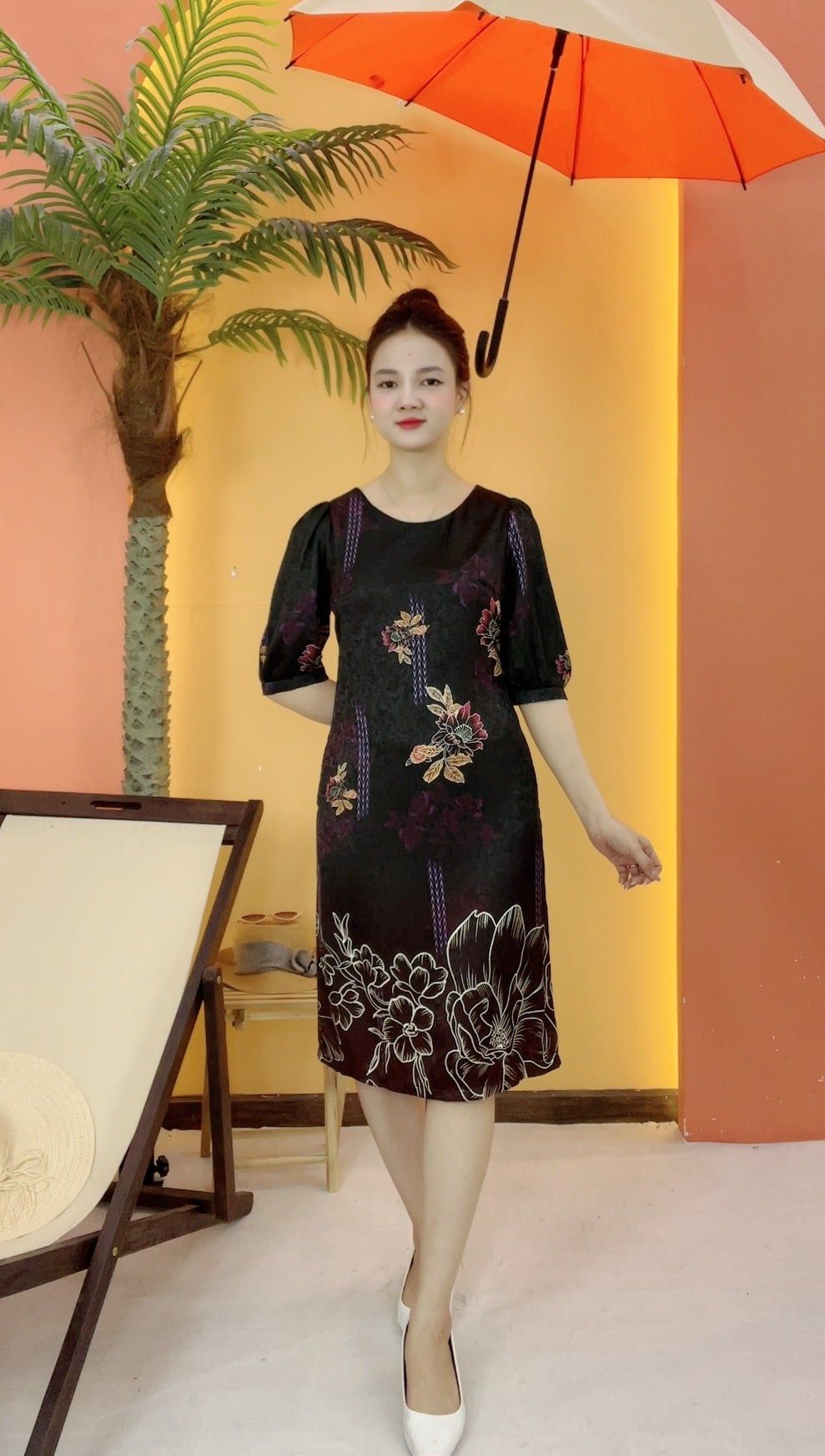 Đầm suông - Cổ tròn tay lỡ - AH - Đen hoa - TTV2065