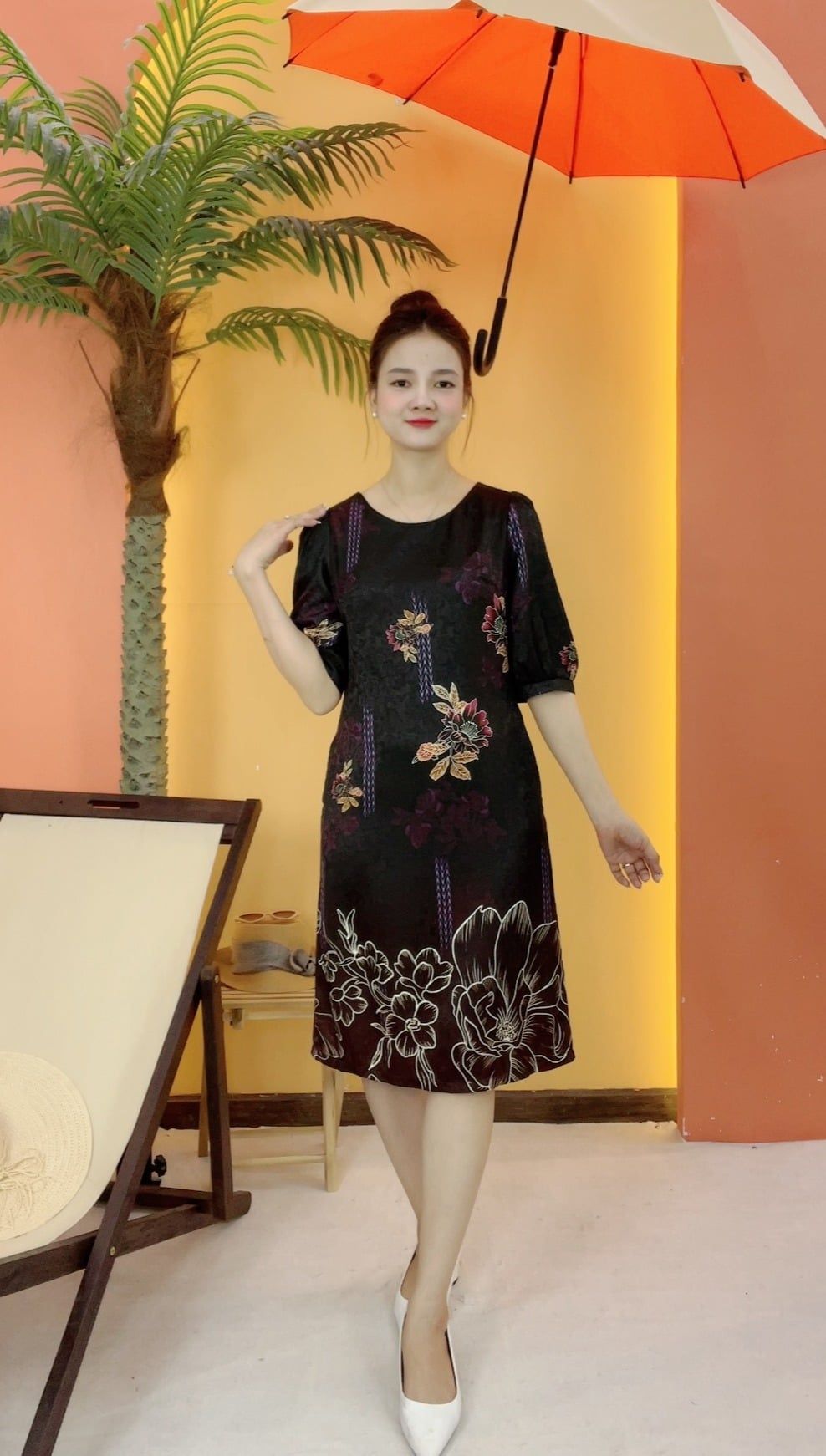 Đầm suông - Cổ tròn tay lỡ - AH - Đen hoa - TTV2065