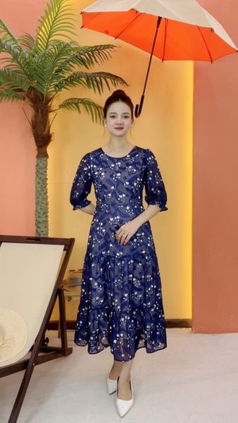 Đầm maxi - Cổ tròn tay lỡ - CD - Xanh hoa - TTV2069