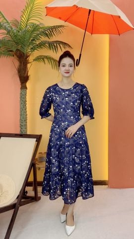 Đầm maxi - Cổ tròn tay lỡ - CD - Xanh hoa - TTV2069