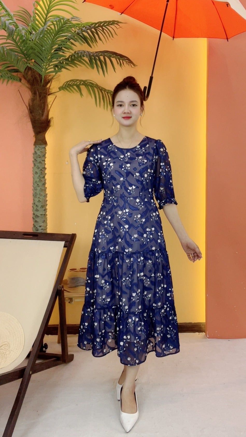 Đầm maxi - Cổ tròn tay lỡ - CD - Xanh hoa - TTV2069