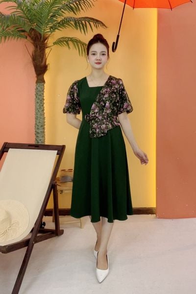 Đầm xòe - Cổ vuông tay bí - Xanh rêu hoa - AH - TTV2070