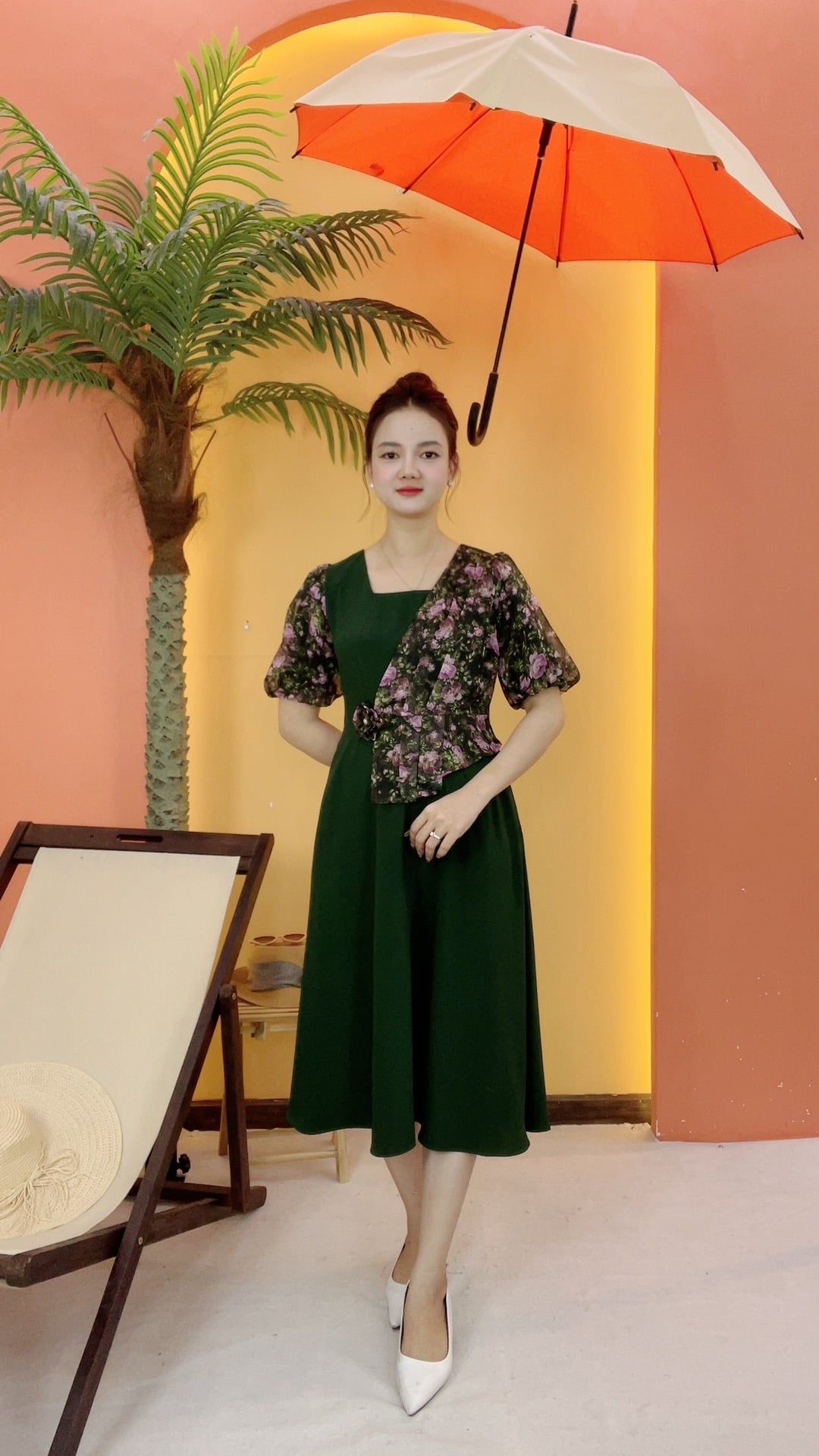 Đầm xòe - Cổ vuông tay bí - Xanh rêu hoa - AH - TTV2070