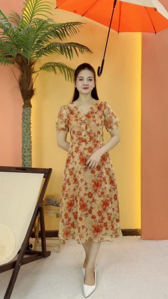 Đầm xòe - Cổ tim bèo tay ngắn - CV - Vàng hoa - TTV2075