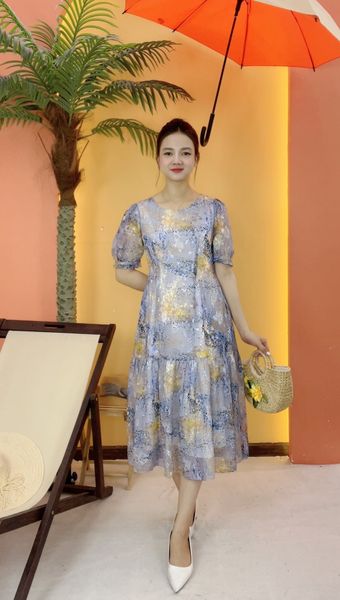 Đầm suông xòe - Cổ tròn tay ngắn - CT - Xanh họa tiết - TTV2072