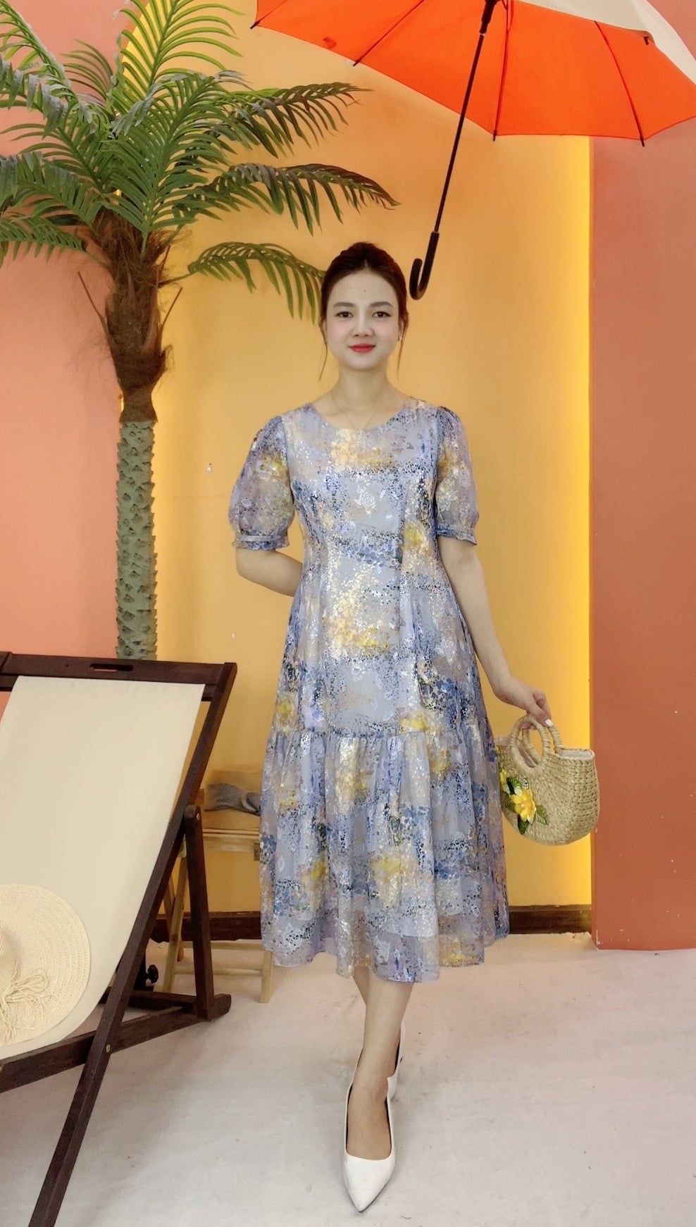 Đầm suông xòe - Cổ tròn tay ngắn - CT - Xanh họa tiết - TTV2072