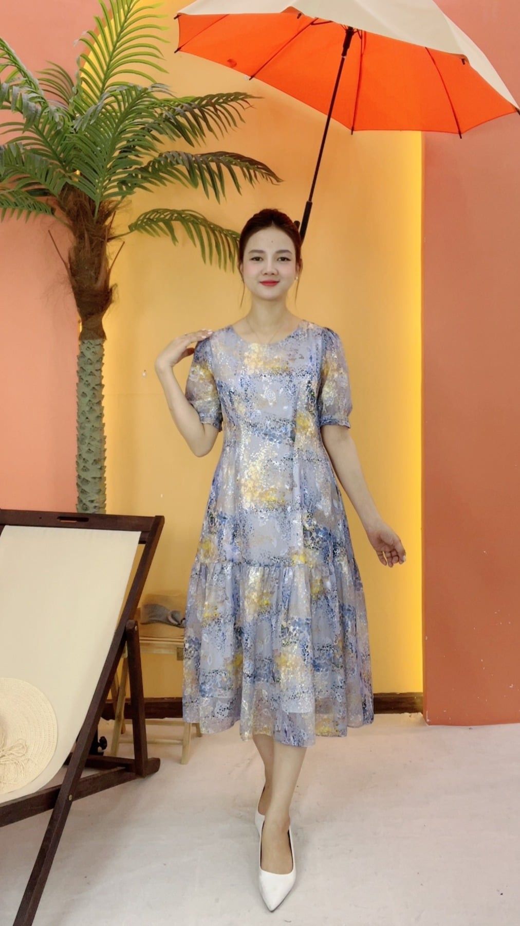 Đầm suông xòe - Cổ tròn tay ngắn - CT - Xanh họa tiết - TTV2072