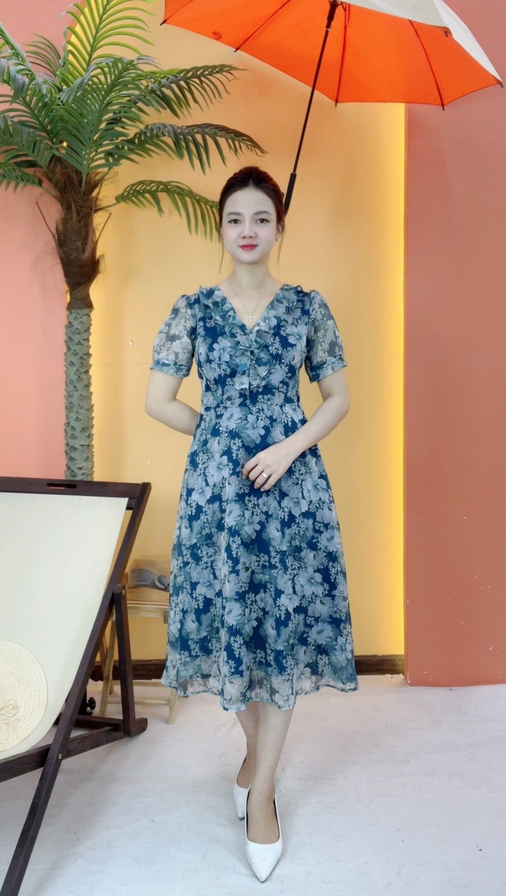 Đầm xòe - Cổ tim bèo tay ngắn - CV - Xanh hoa - TTV2075