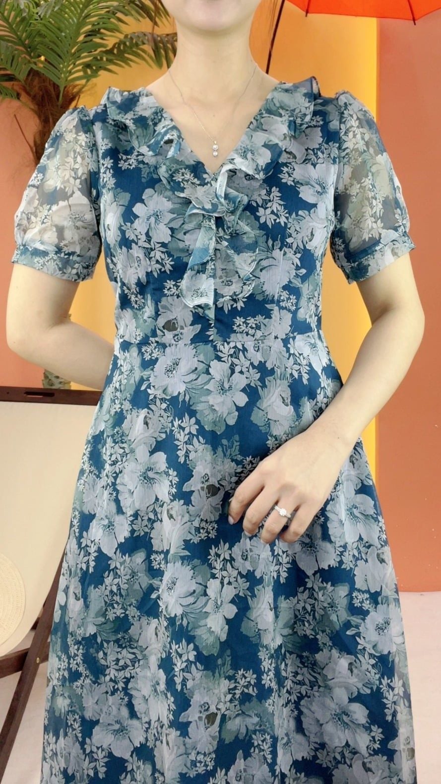 Đầm xòe - Cổ tim bèo tay ngắn - CV - Xanh hoa - TTV2075