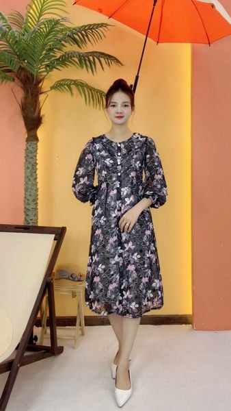 Đầm suông - Cổ tròn kết nút tay dài - CV - Xanh than hoa - TTV2077