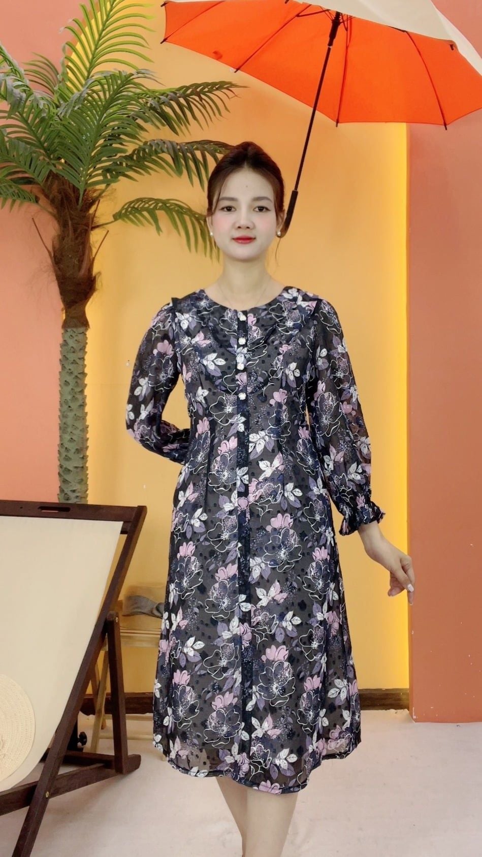 Đầm suông - Cổ tròn kết nút tay dài - CV - Xanh than hoa - TTV2077