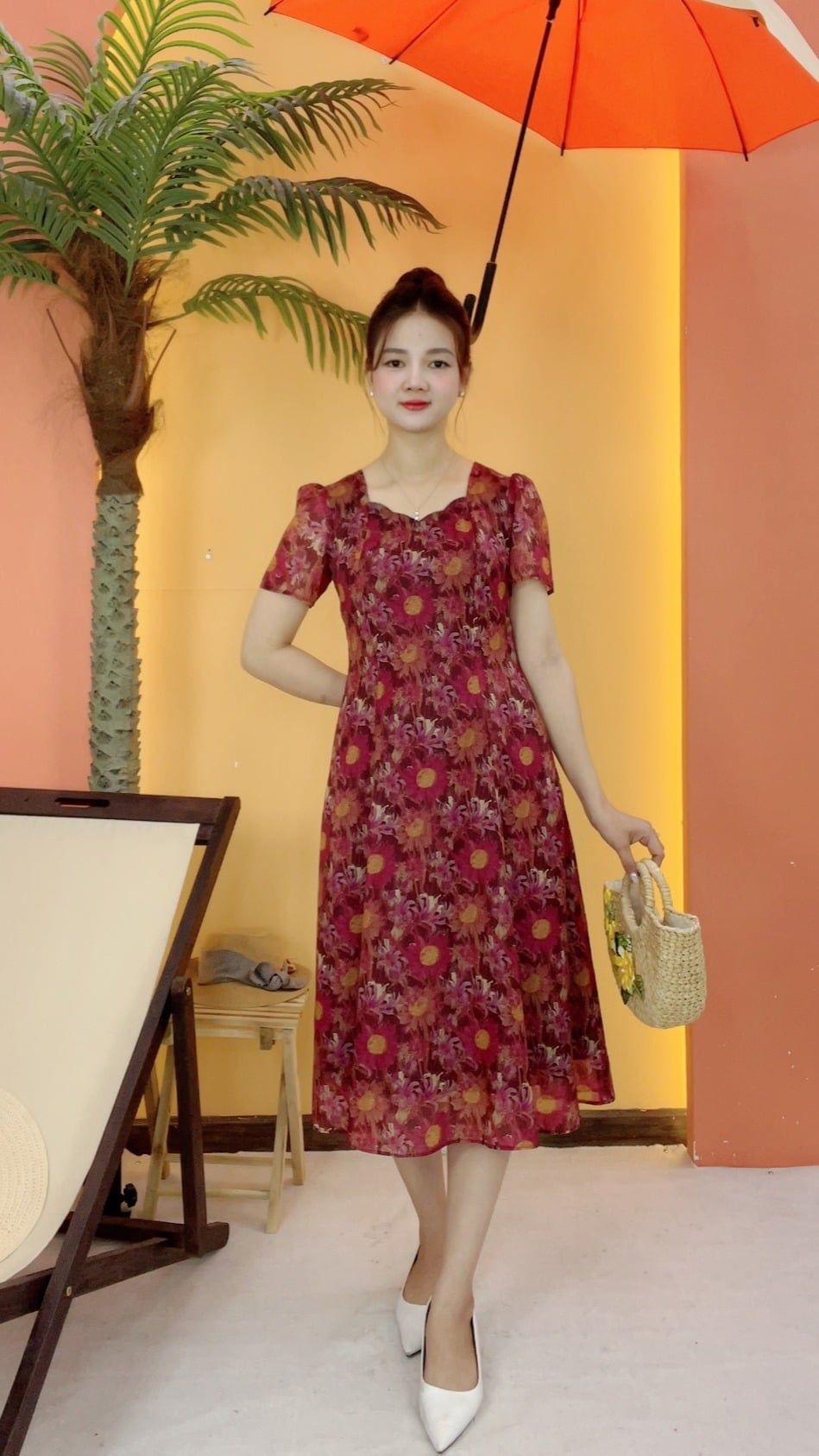 Đầm xòe 8 mảnh - Cổ sóng nước tay ngắn - CD - Đỏ hoa - TTV2073