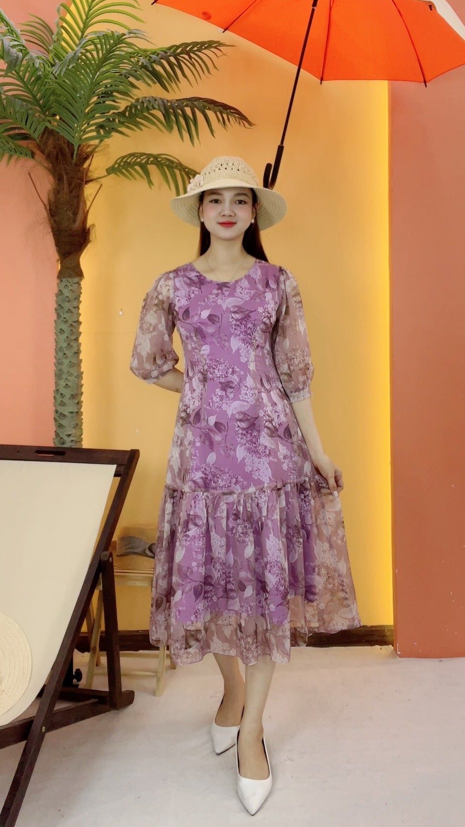 Đầm suông xòe - Cổ tròn tay lỡ - CT - Tím hoa - TTV2076
