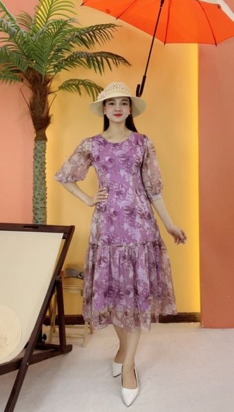 Đầm suông xòe - Cổ tròn tay lỡ - CT - Tím hoa - TTV2076
