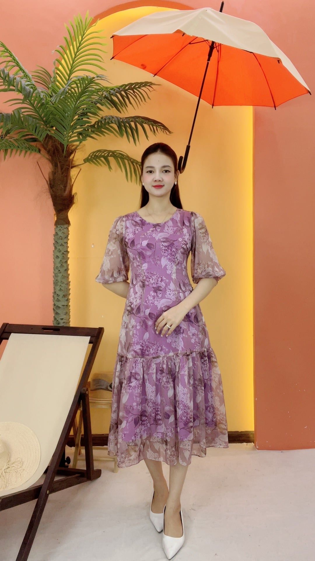 Đầm suông xòe - Cổ tròn tay lỡ - CT - Tím hoa - TTV2076