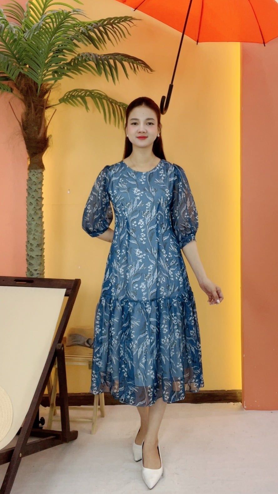 Đầm suông xòe - Cổ tròn tay lỡ - CT - Xanh hoa - TTV2076