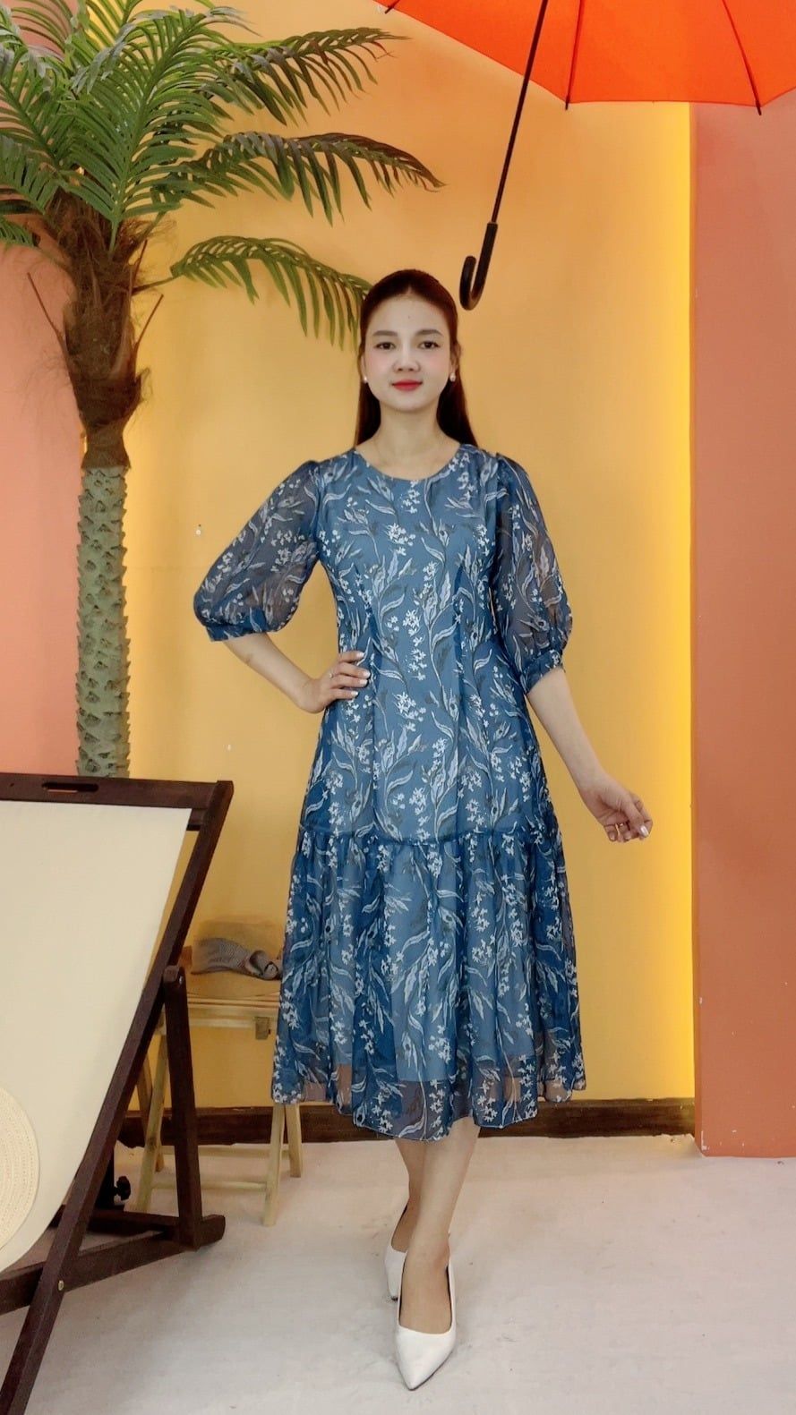 Đầm suông xòe - Cổ tròn tay lỡ - CT - Xanh hoa - TTV2076