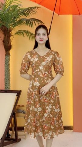 Đầm suông xòe - Cổ tim tay lỡ - CT - Nâu hoa cam - TTV2082