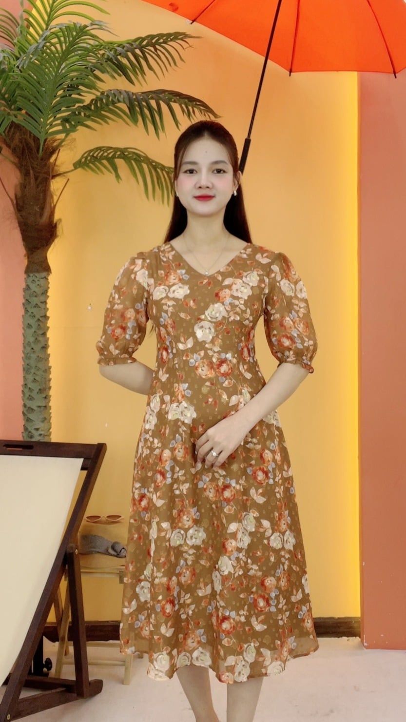 Đầm suông xòe - Cổ tim tay lỡ - CT - Nâu hoa cam - TTV2082