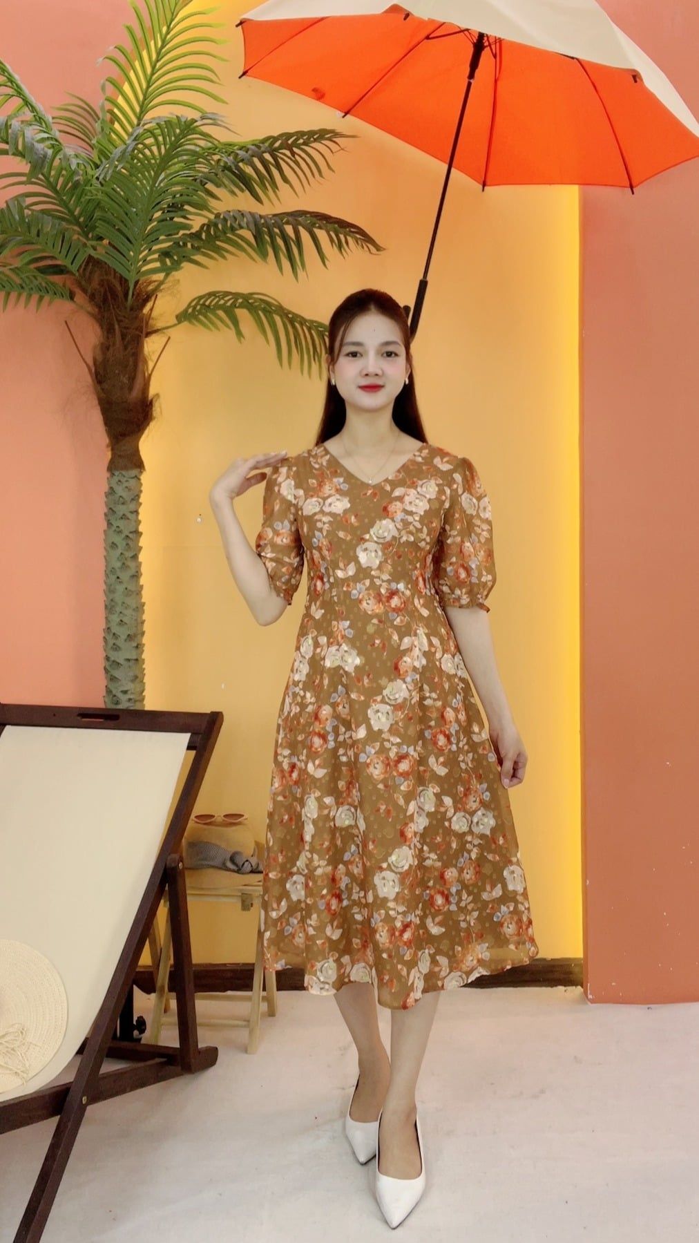 Đầm suông xòe - Cổ tim tay lỡ - CT - Nâu hoa cam - TTV2082