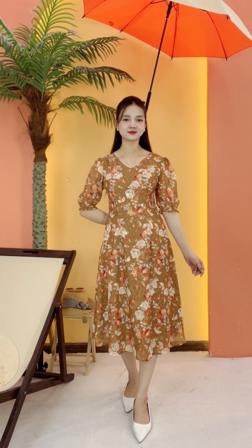 Đầm suông xòe - Cổ tim tay lỡ - CT - Nâu hoa cam - TTV2082