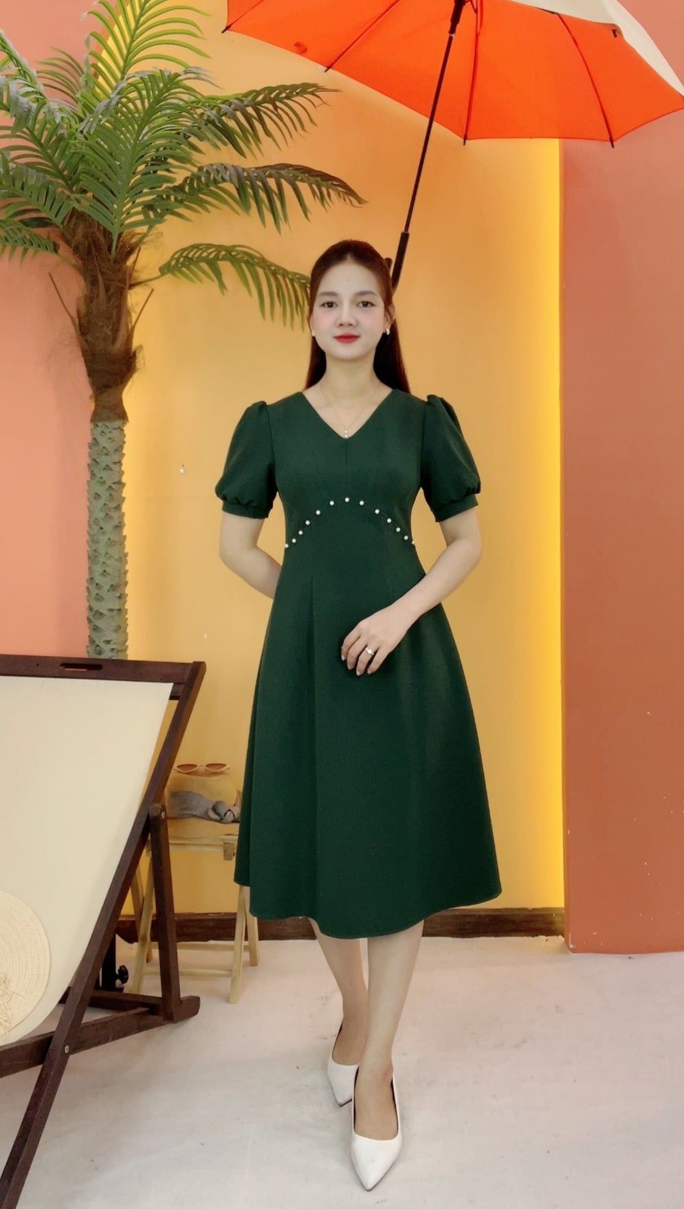 Đầm xòe - Cổ tim kết ngọc tay ngắn - CT - Xanh rêu - TTV2080