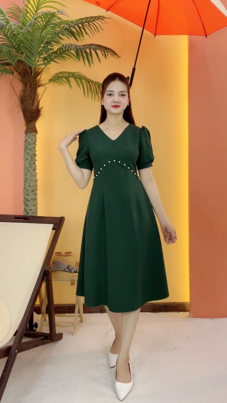 Đầm xòe - Cổ tim kết ngọc tay ngắn - CT - Xanh rêu - TTV2080