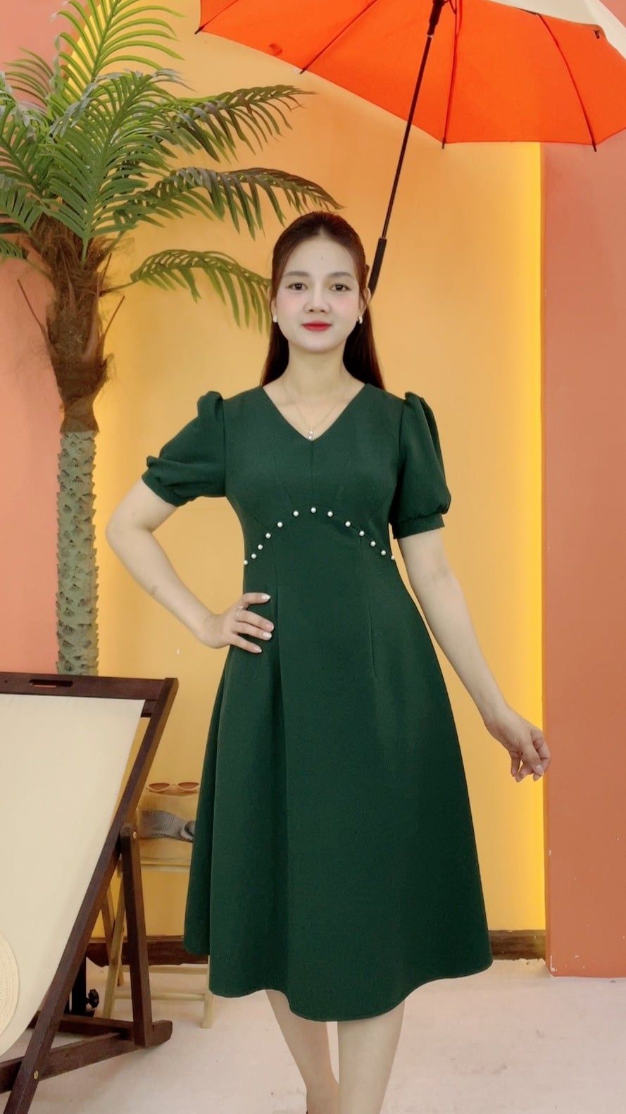 Đầm xòe - Cổ tim kết ngọc tay ngắn - CT - Xanh rêu - TTV2080