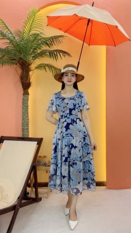 Đầm maxi - Cổ vuông tim tay loe - CD - Xanh họa tiết - TTV2078