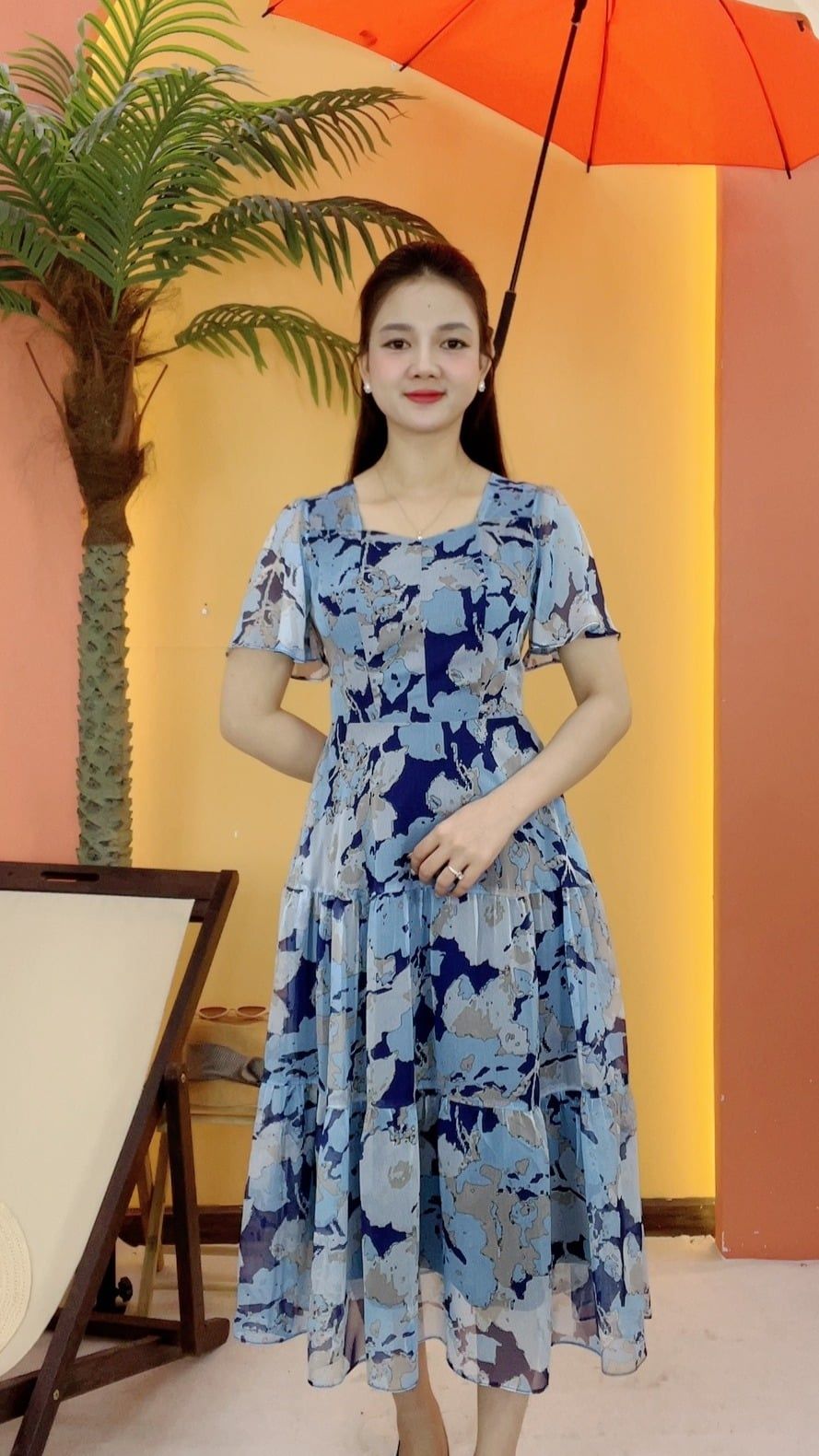 Đầm maxi - Cổ vuông tim tay loe - CD - Xanh họa tiết - TTV2078