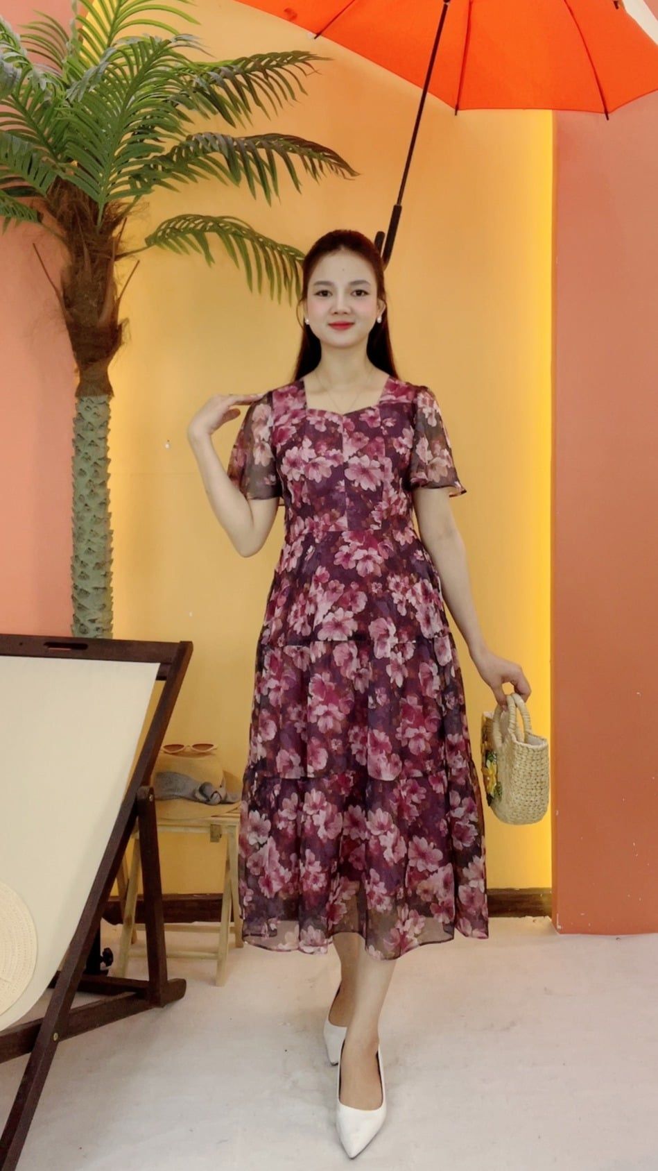 Đầm maxi - Cổ vuông tim tay loe - CD - Tím than hoa - TTV2078