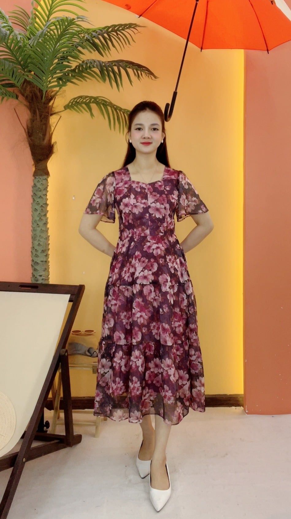 Đầm maxi - Cổ vuông tim tay loe - CD - Tím than hoa - TTV2078
