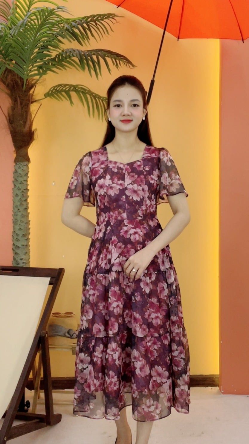 Đầm maxi - Cổ vuông tim tay loe - CD - Tím than hoa - TTV2078