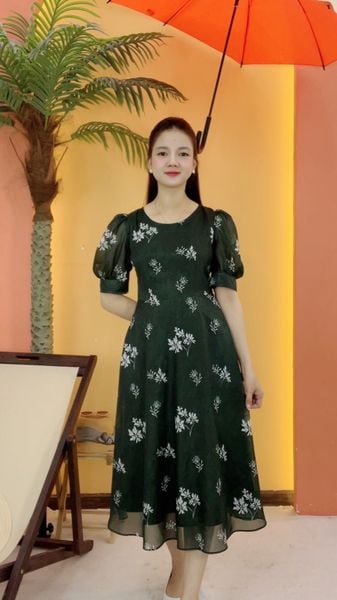 Đầm xòe - Cổ tròn tay ngắn - CD - Xanh rêu hoa - TTV2081