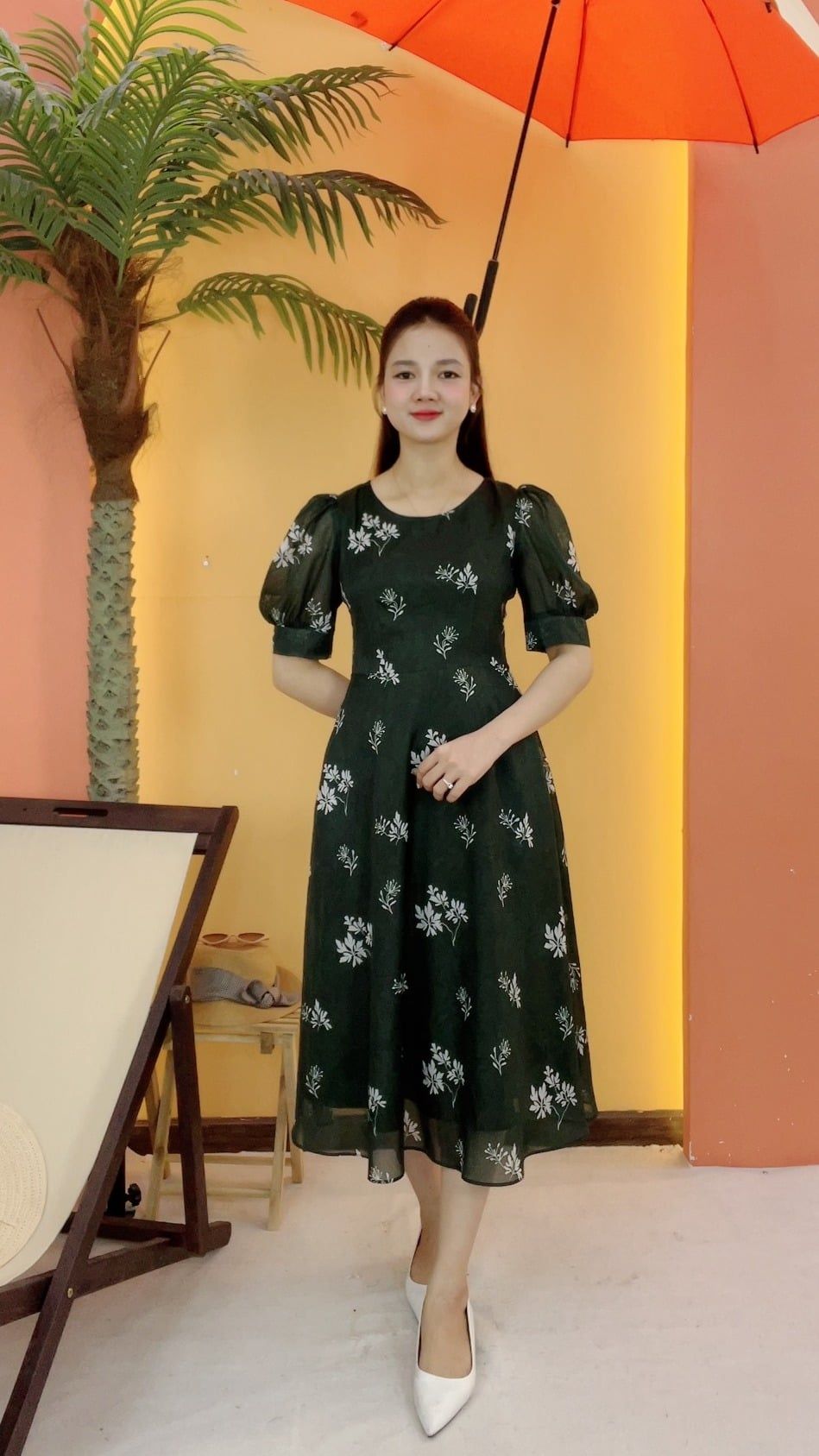 Đầm xòe - Cổ tròn tay ngắn - CD - Xanh rêu hoa - TTV2081