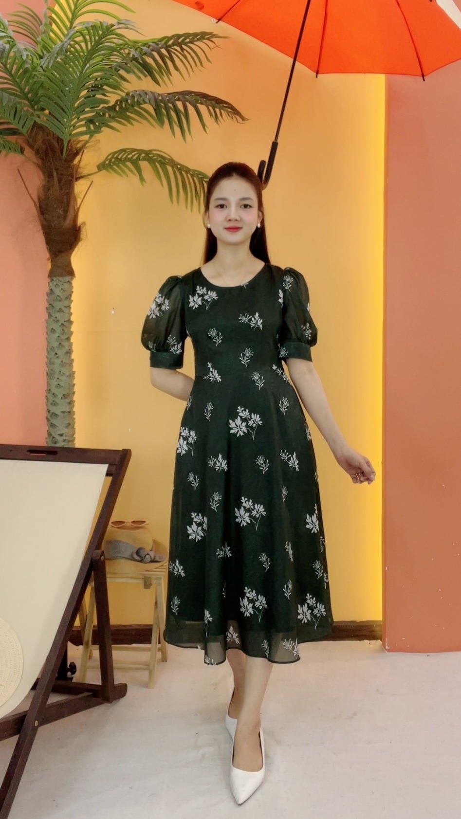Đầm xòe - Cổ tròn tay ngắn - CD - Xanh rêu hoa - TTV2081