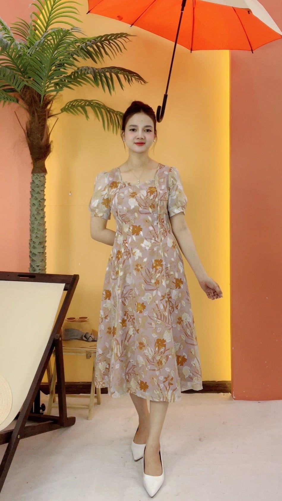 Đầm xòe 8 mảnh - Cổ vuông tim tay ngắn - AH - Kem hoa cam - TTV2071