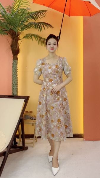 Đầm xòe 8 mảnh - Cổ vuông tim tay ngắn - AH - Kem hoa cam - TTV2071