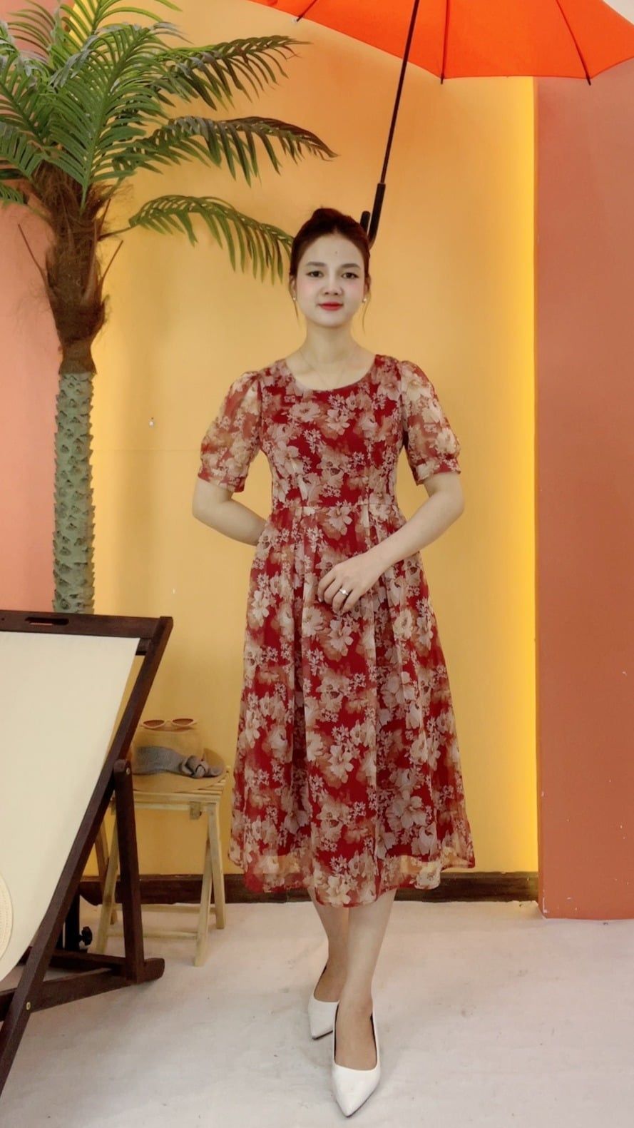 Đầm xòe - Cổ tròn tay ngắn - AH - Đỏ hoa - TTV2079
