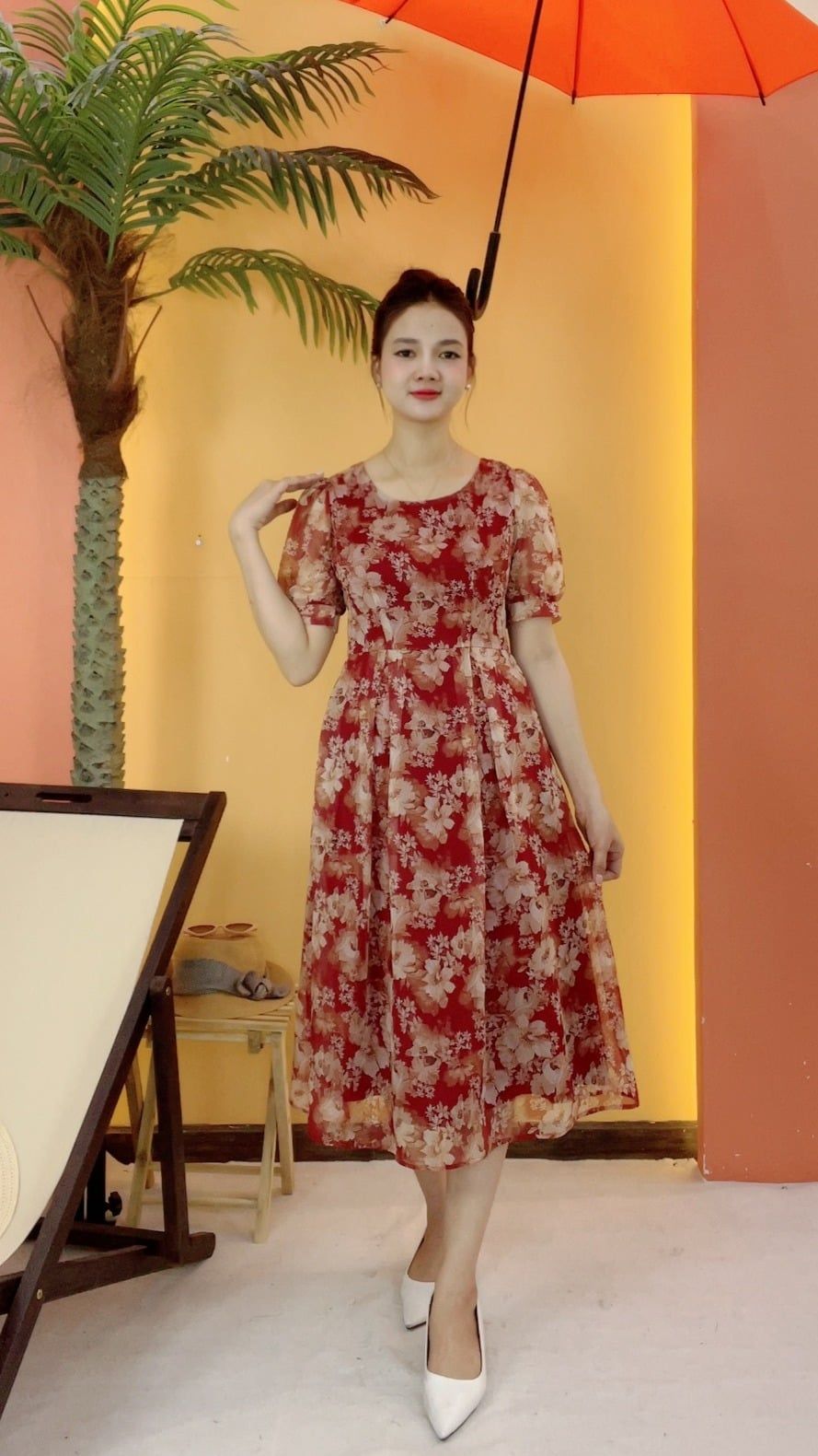 Đầm xòe - Cổ tròn tay ngắn - AH - Đỏ hoa - TTV2079