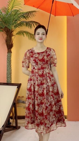 Đầm xòe - Cổ tròn tay ngắn - AH - Đỏ hoa - TTV2079