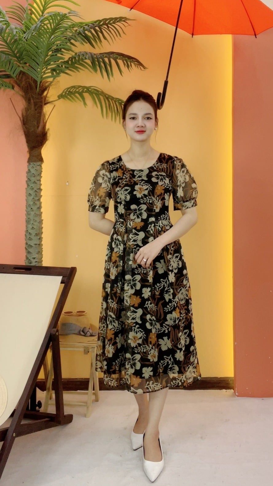 Đầm xòe - Cổ tròn tay ngắn - AH - Đen hoa - TTV2079