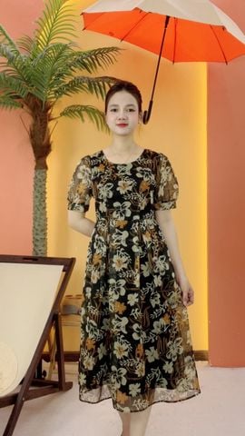 Đầm xòe - Cổ tròn tay ngắn - AH - Đen hoa - TTV2079