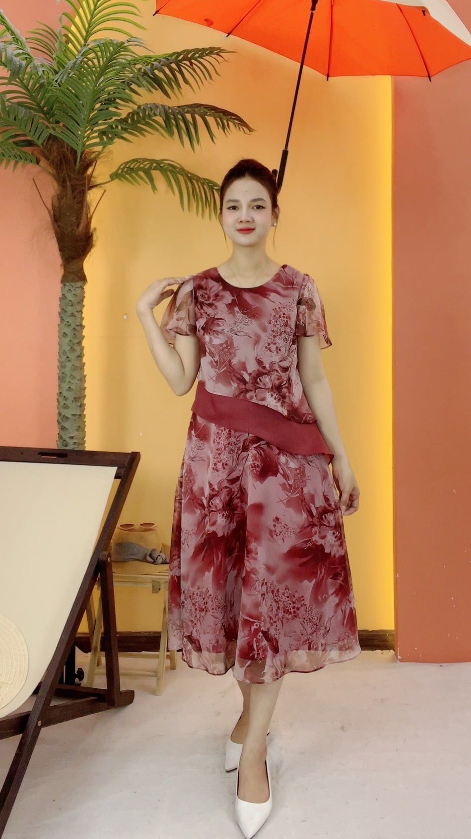 Đầm xòe - Cổ tròn tay ngắn - CV - Hồng trà hoa - TTV2083