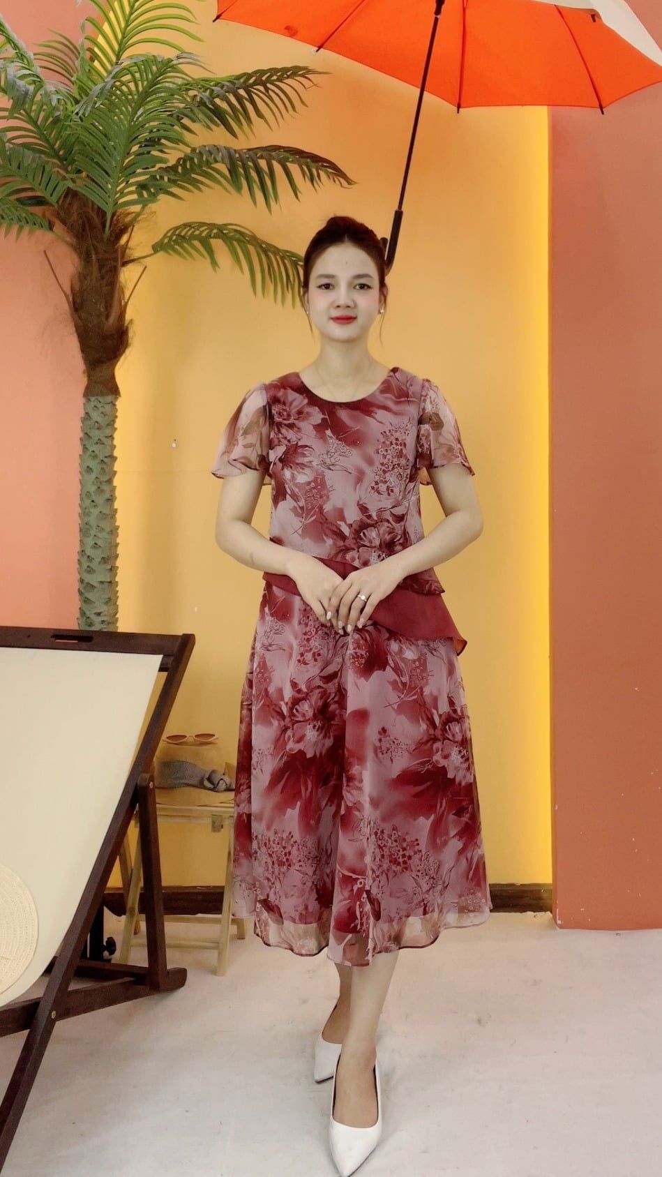 Đầm xòe - Cổ tròn tay ngắn - CV - Hồng trà hoa - TTV2083