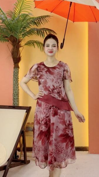 Đầm xòe - Cổ tròn tay ngắn - CV - Hồng trà hoa - TTV2083